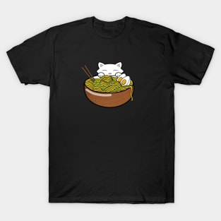 Cute cat eating ramen noodles from a wooden bowl T-Shirt